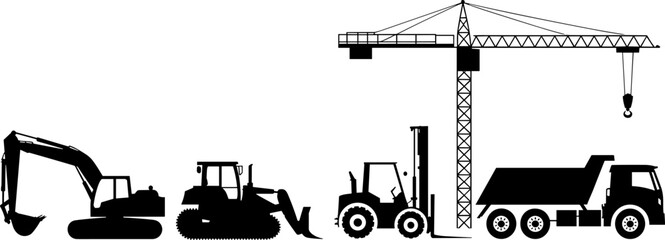 Silhouettes of construction vehicles and a crane on a white background excavator bulldozer © MdMirajul