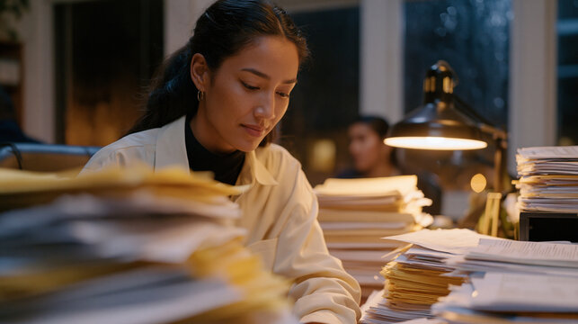 Process in action framing of immigration paralegal organizing client refugee integration case files alphabetically on floor of nonprofit legal aid office, stacks of multilingual documents surroundin