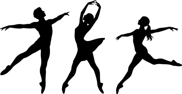 Silhouettes of three ballet dancers in dynamic poses on a white background vector illustration