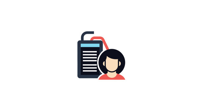 A person is connected to a data device with a red cable, simple illustration