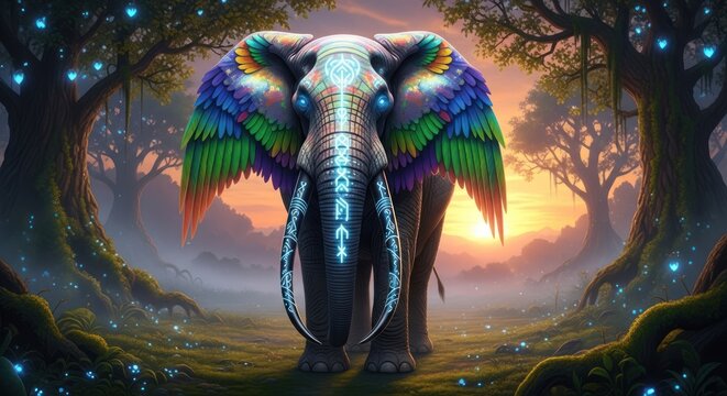 Magical winged elephant with glowing patterns in enchanted sunset forest