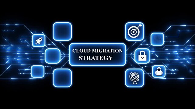 Animated Cloud migration strategy concept.Digital Circuit Network Technology internet data space Background. digital technology 4k animation