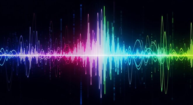 Vibrant sound wave pattern on dark background with colorful spectrum
