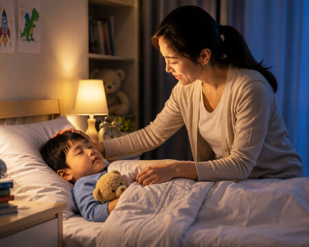Happy parenting moments with kids as mother tucks son into bed