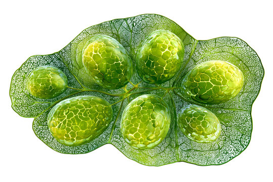 Leaf cell chloroplasts are green, disc-shaped organelles essential for photosynthesis isolated on white background, Clipping Path, png