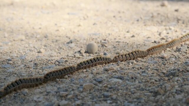 Procession of caterpillars of the pine processionary (Thaumetopoea pityocampa) marching in a row on a path
