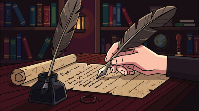 Hand writing with a quill pen and inkwell on parchment paper in a library.