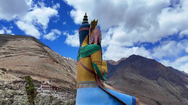 4K Drone Shot of Maitreya Buddha Statue at Diskit Monastery, Nubra Valley, Ladakh, India