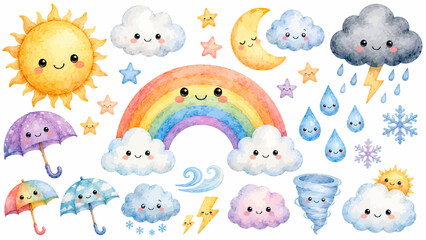 Fototapeta premium Cute Weather Friends Collection with Rainbow, Sun, Clouds, Rain Drops, Moon, Stars, Snowflakes, and Umbrellas