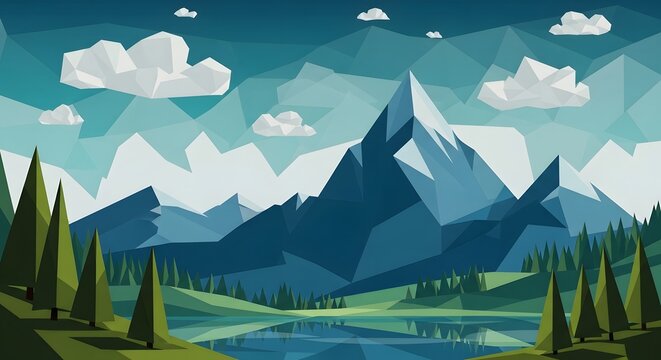 Polygonal mountain landscape with evergreen trees and a reflective lake a geometric vector illustration abstract alpine aquatic background blue coniferous
