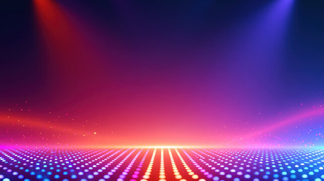 Vibrant neon light background for casino game design with glowing dot grid, dramatic purple and blue gradient, abstract stage backdrop