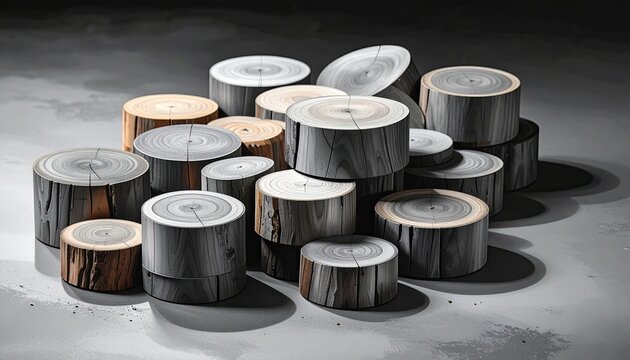 Stacked Wooden Cylinders with Natural and Black Finishes for Interior Decor