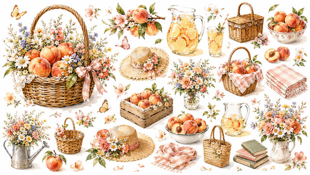 Summer Orchard Picnic Collection with Peaches, Wildflowers, Lemonade, and Cottagecore Picnic Clipart Set
