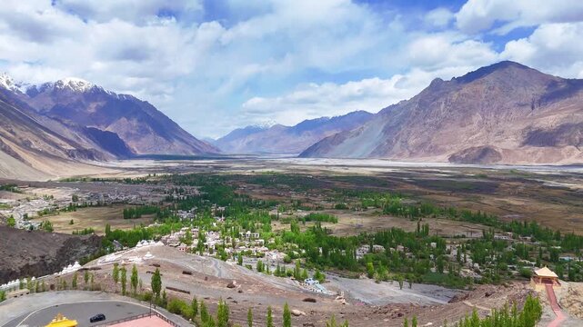 4K Drone Shot of Maitreya Buddha Statue at Diskit Monastery, Nubra Valley, Ladakh, India