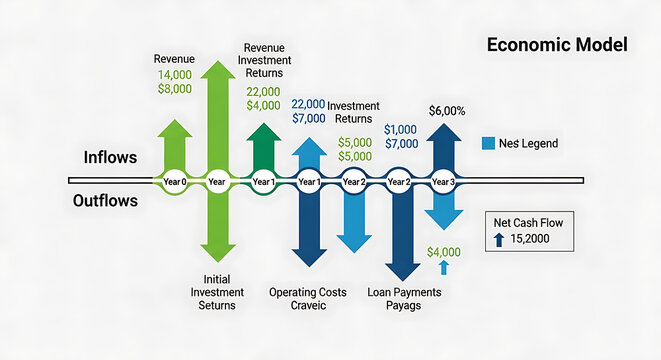 The economic model illustrates financial inflows and outflows with initial returns, investment, operating credits, loans, and fringes.