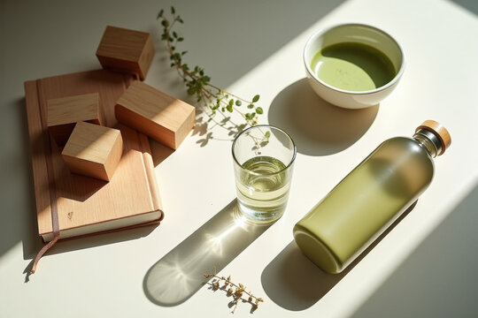 Minimalist setup with green drinks, wooden blocks, and notebook under harsh light