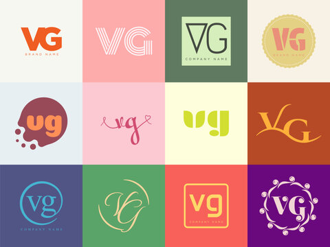VG logo company template. Letter v and g logotype. Set different classic serif lettering and modern bold text with design elements. Initial font typography.