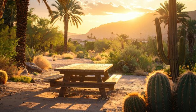 Desert Landscape with Cacti and Sunset in a Natural Setting