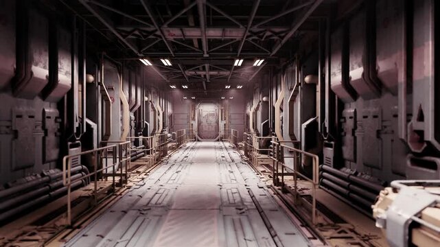 A detailed corridor in a futuristic setting, featuring exposed pipes and industrial lighting. The floor is metallic, with a clean yet worn appearance. The atmosphere suggests advanced technology.