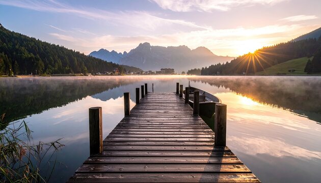 Serene wooden dock extending over calm mountain lake at sunrise