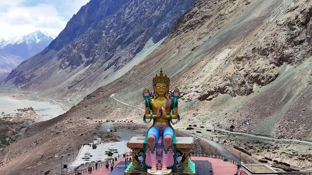 4K Drone Shot of Maitreya Buddha Statue at Diskit Monastery, Nubra Valley, Ladakh, India