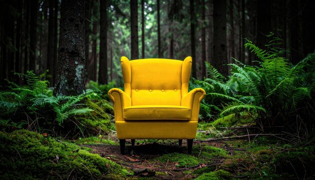 Bright yellow armchair in lush green forest setting