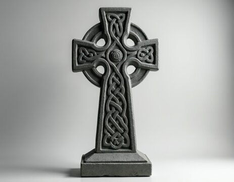 Stone Celtic cross statue features intricate knotwork carvings. Historic Irish symbol, religious artifact, memorial stone on plain background. Ancient Celtic art.