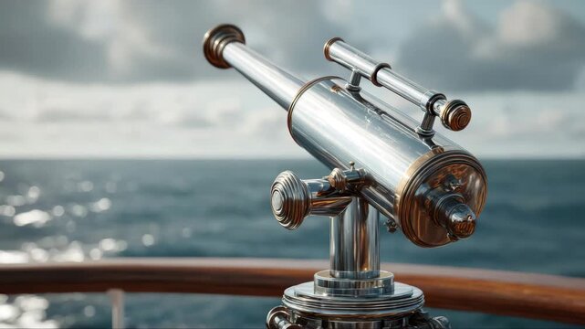 Silver telescope mounted on a wooden railing overlooking the ocean, capturing the shimmering water and cloudy sky in a serene maritime setting