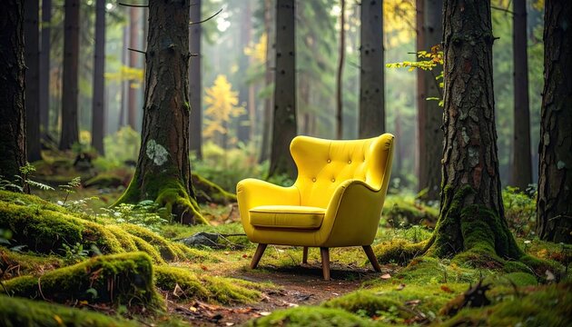 Bright Yellow Armchair in Serene Forest Setting for Relaxation