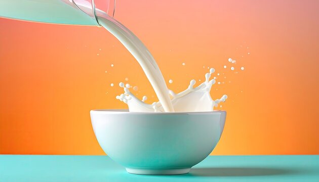 Pouring Milk into a White Bowl on Colorful Background