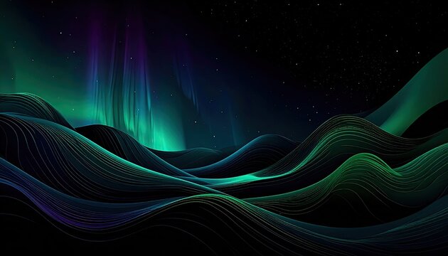 Abstract Digital Landscape with Vibrant Light Waves and Northern Lights