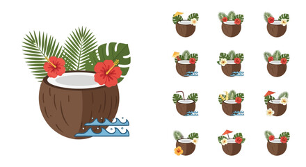 Tropical Coconut Drink Illustrations with Exotic Flowers and Palm Leaves © IFFA