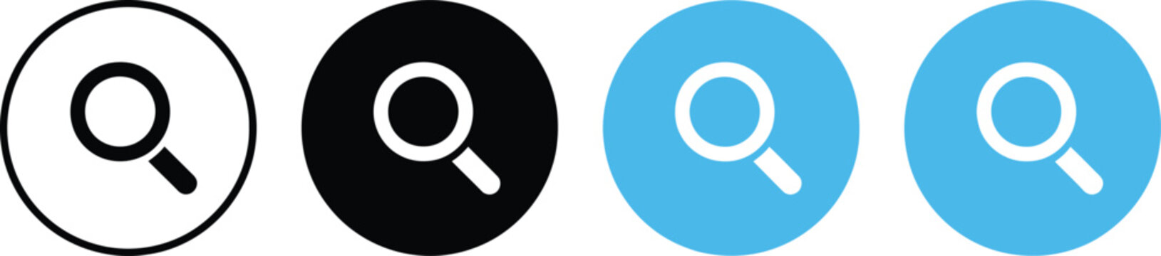 Magnifying glass icon set with four search symbols in different colors on blue and black circles Vector