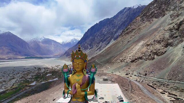4K Drone Shot of Maitreya Buddha Statue at Diskit Monastery, Nubra Valley, Ladakh, India