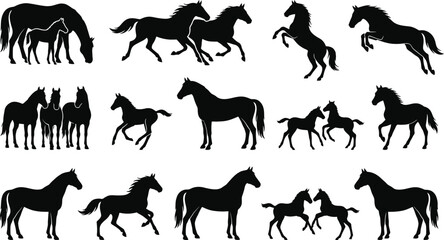 Obraz premium Black silhouette of various animals including elephant, giraffe, rhino, hippopotamus, zebra, lion, cheetah, and