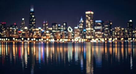 Naklejka premium Blurred City Skyline at Night with Colorful Bokeh Lights and Water Reflection.