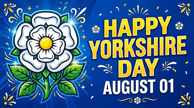 Happy yorkshire day celebration banner with white rose and festive sparkles