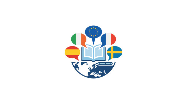 Multilingual Education Concept: Open Book, Globe, Speech Bubbles with Flags