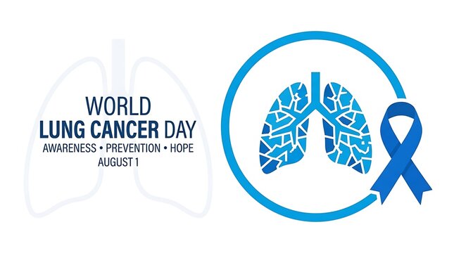Lung cancer day awareness with blue ribbon and human lung medical health