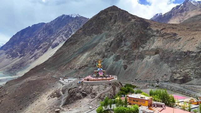 4K Drone Shot of Maitreya Buddha Statue at Diskit Monastery, Nubra Valley, Ladakh, India