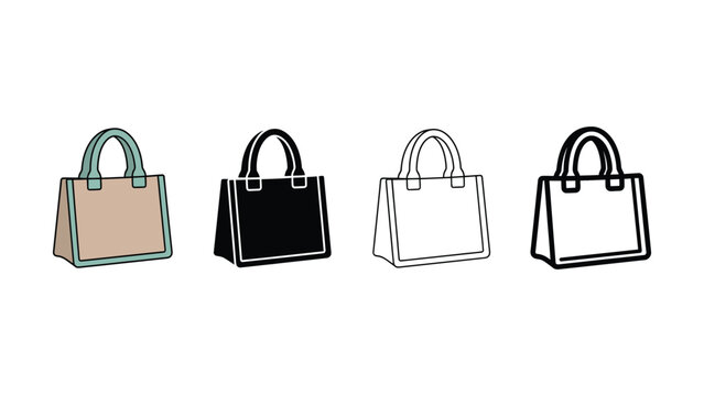 Four different colored handbags in various styles and designs on white background