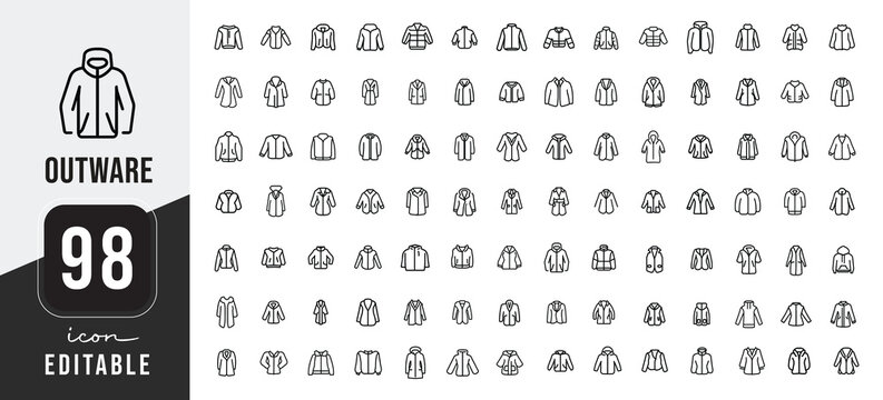 Set of 98 outerwear clothing linear icons with outerwear clothing collection