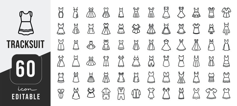 Comprehensive set of 60 outline tracksuit icons for athletic apparel