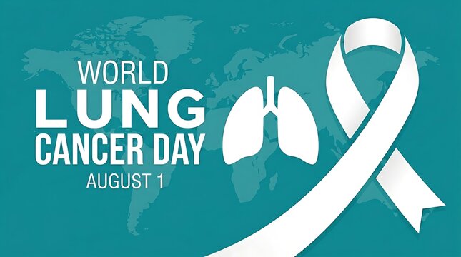 Lung cancer day poster with white ribbon and lung on teal map awareness