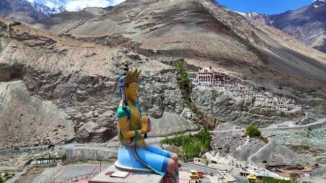 4K Drone Shot of Maitreya Buddha Statue at Diskit Monastery, Nubra Valley, Ladakh, India