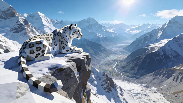 Snow leopard resting on rocky mountain ledge with snowy peaks