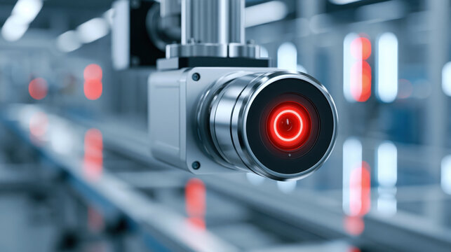 Industrial camera machine vision inspection system metal camera red light factory automation manufacturing close up optical lens precision technology sensor equipment industrial robotic quality