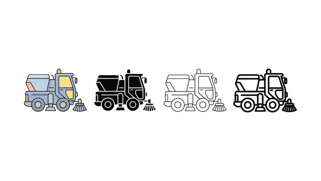 Four different colored street sweeper truck icons in a row on white background