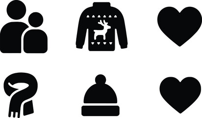 Family with two kids wearing matching reindeer christmas sweaters and heart icons vector set Vector © MstSonia