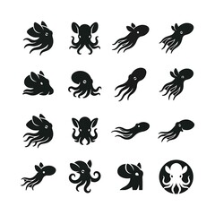 Obraz premium Collection of Black Octopus Silhouettes and Cephalopod Icons on White